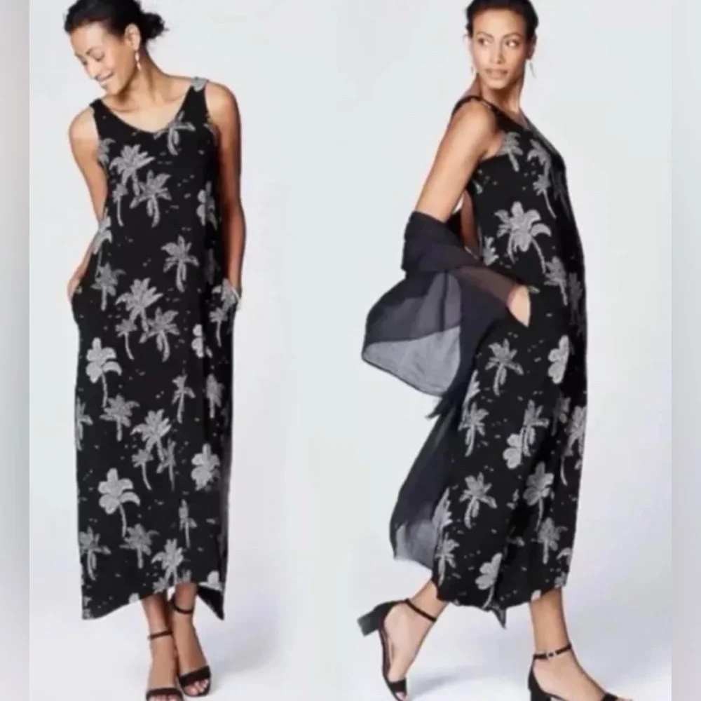 J. Jill Wearever Maxi Dress NWOT Womens L Black White Palm Tree Tropical